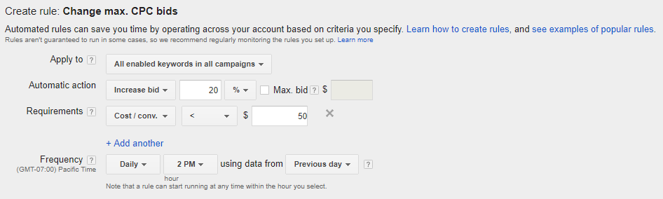 AdWords automated rules - conditional rules