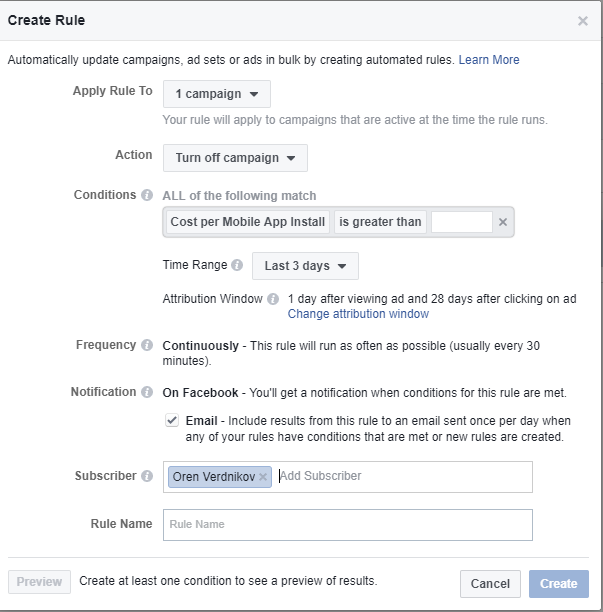 Facebook automated rules interface