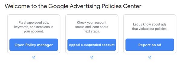 Google ads policies center to recover Google account blocked