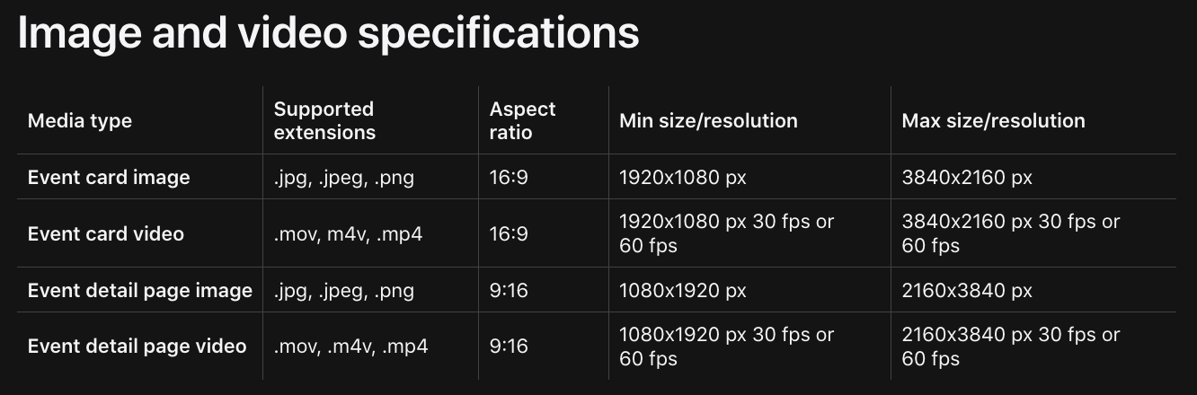 In-App Event image and video specifications